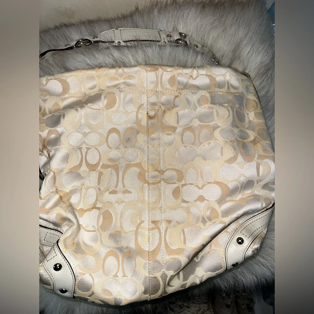 COACH Pearl White + Beige Canvas and Leather Carly Hobo Bag No H09873-F13981 - Picture 11 of 16